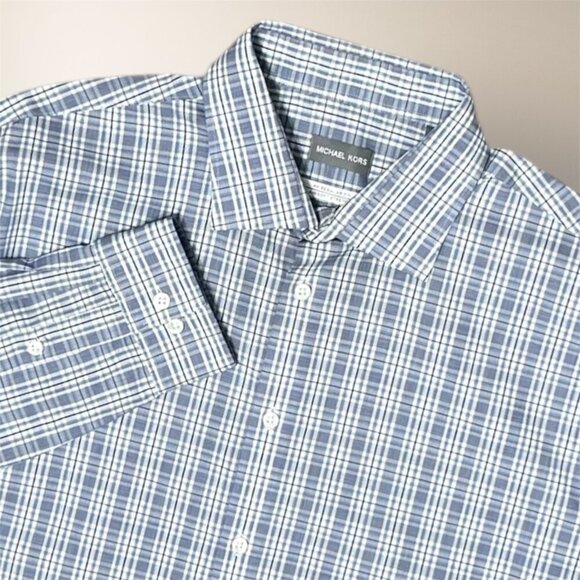 Michael Kors Men's 17 1/2 Regular Fit Gray Plaid Long Sleeve Button Up Shirt - Picture 1 of 7